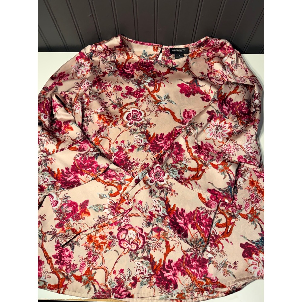 Lz Claiborne careers floral medium top with layered ruffle sleeves pink, red